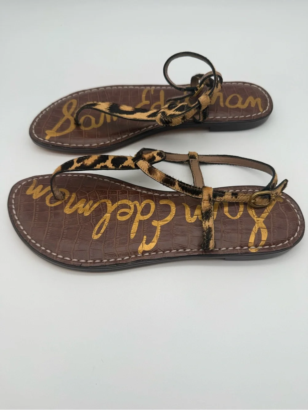 Sam Edelman Leopard-Print Calf Hair T-Strap Sandals - Brown/Black